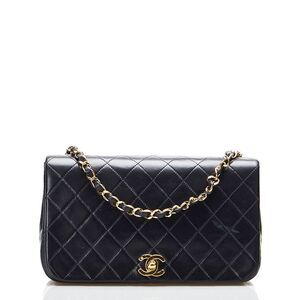 Chanel Matelasse Full Flap Chain Shoulder Bag Black Gold Leather